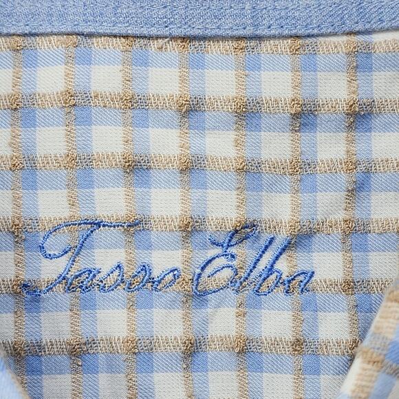 Tasso Elba Shirt Mens XXL 18-18 1/2 Blue White Tan Plaid Long Sleeve Button Up - Picture 5 of 11